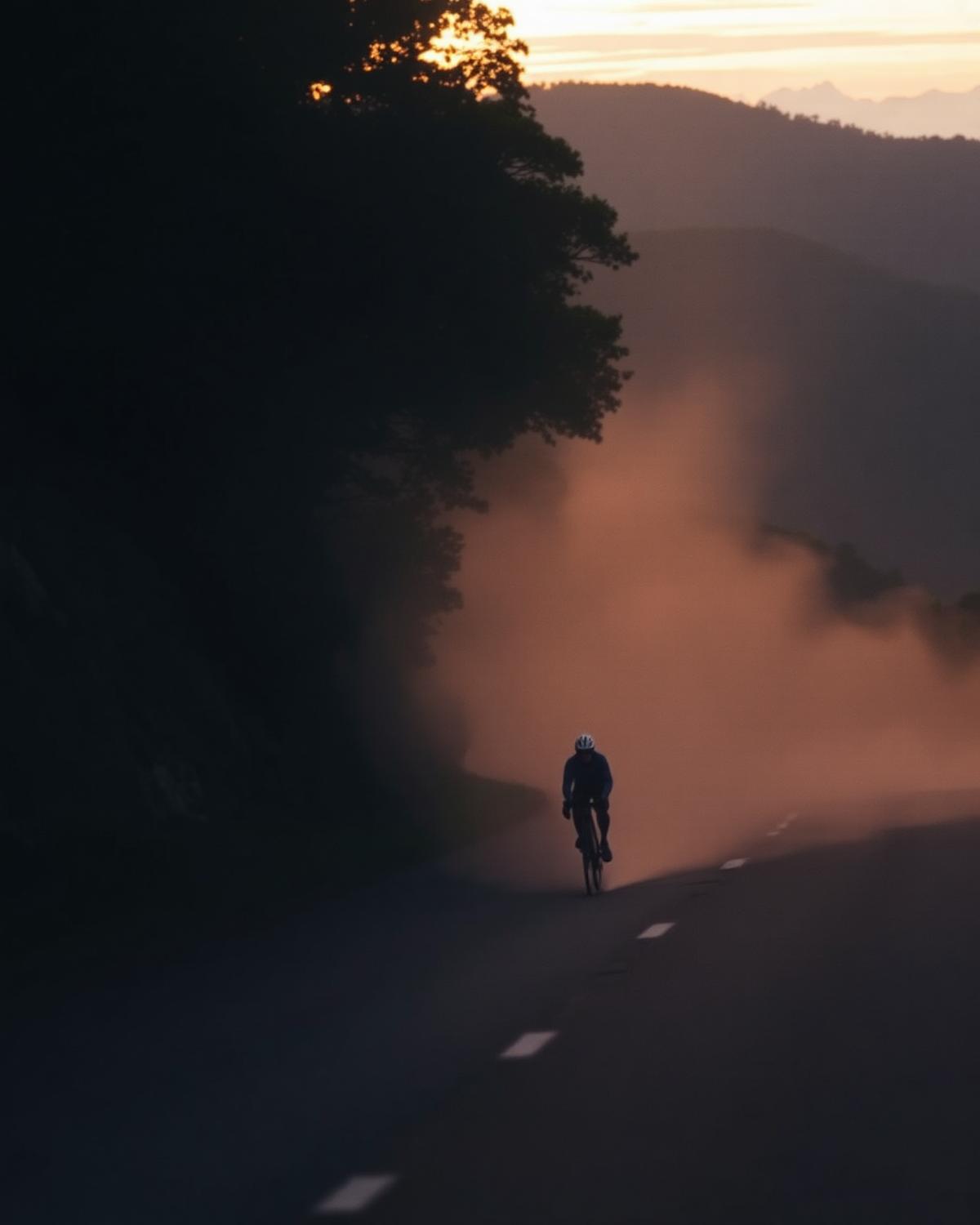 Ciclista em estrada de serra ao entardecer